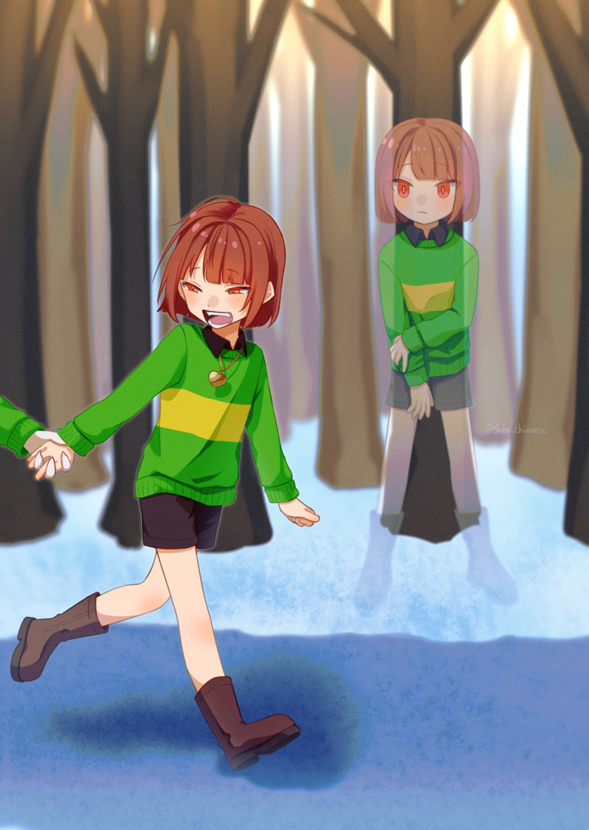 1boy 1other :d androgynous arm_at_side artist_name asriel_dreemurr black_shorts black_undershirt blunt_bangs blush bob_cut boots bright_pupils brown_footwear brown_hair chara_(undertale) collared_shirt commentary day dual_persona expressionless film_grain forest frown ghost green_sweater hand_grab hand_on_own_arm happy heart heart_necklace heart_pendant highres holding_own_arm jewelry knee_boots light_blush light_frown locket long_sleeves looking_at_another looking_back narrowed_eyes nature necklace out_of_frame outdoors path pendant raised_eyebrows red_eyes saba_chimera shirt short_hair short_shorts shorts signature single_horizontal_stripe smile snow solo_focus standing sweater tree twitter_username two-tone_sweater undertale walking winter yellow_sweater