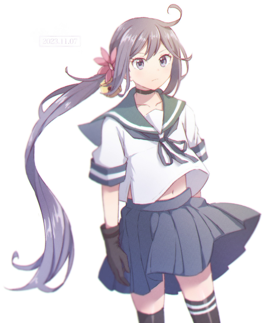 1girl absurdres ahoge akebono_(kancolle) akebono_kai_ni_(kancolle) bell black_choker black_gloves black_thighhighs blue_sailor_collar blue_skirt choker flower gloves hair_bell hair_flower hair_ornament highres jingle_bell kantai_collection long_hair misowhite pleated_skirt purple_eyes purple_hair sailor_collar school_uniform serafuku short_sleeves side_ponytail simple_background skirt solo standing thighhighs very_long_hair white_background