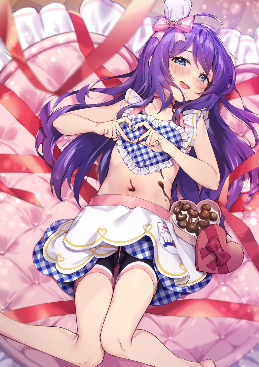 1girl ahoge apron aqua_eyes barefoot belt_collar bike_shorts blush box candy chocolate collar food food_on_body frilled_apron frills hair_between_eyes hair_ornament heart heart-shaped_box heart-shaped_chocolate heart_hands heart_print highres idolmaster idolmaster_million_live! idolmaster_million_live!_theater_days knees_together_feet_apart long_hair looking_at_viewer lying mochizuki_anna navel nearly_naked_apron on_back open_mouth pink_ribbon plaid plaid_apron purple_hair red_ribbon ribbon shennai_misha smile solo