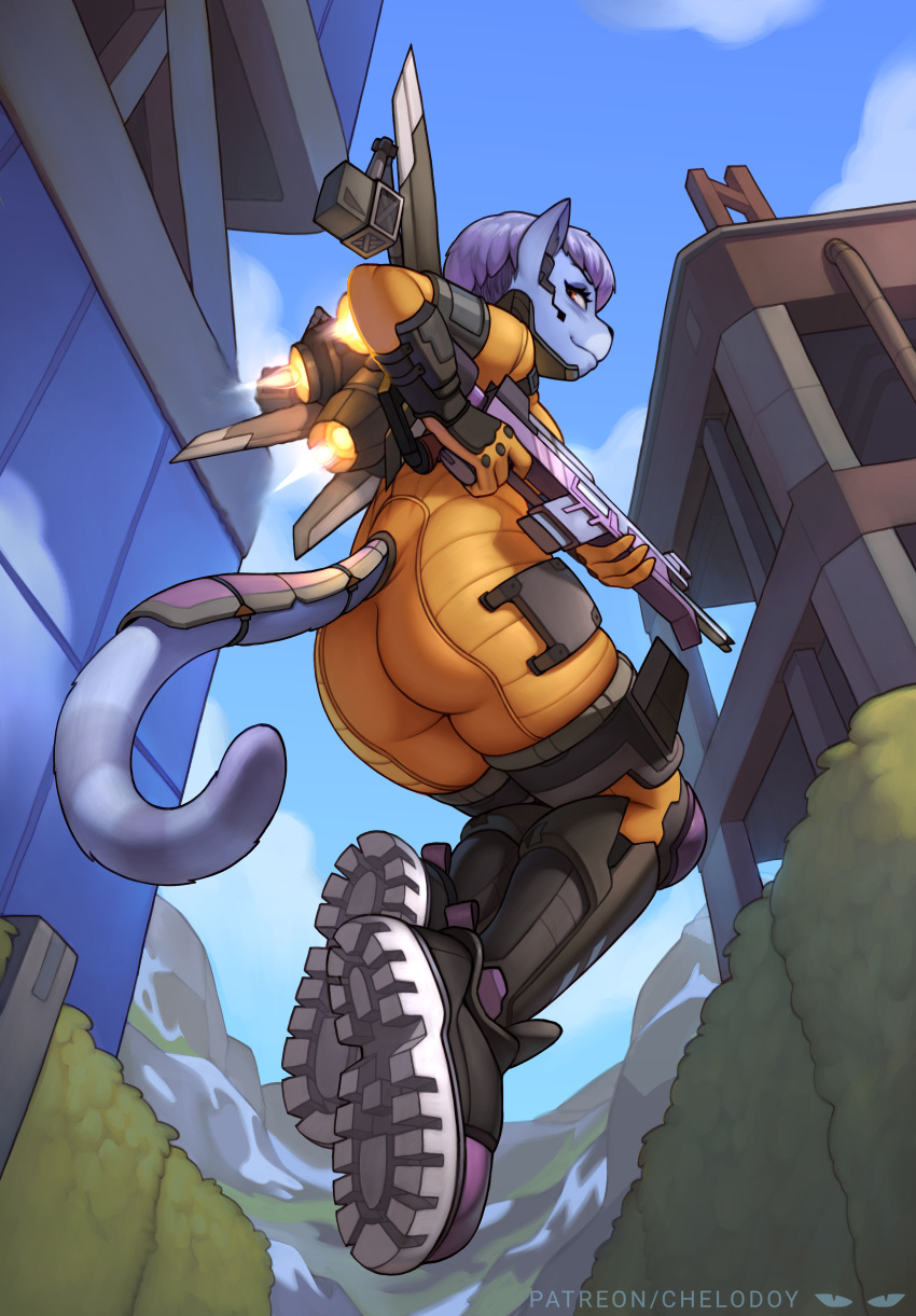 absurd_res action_pose animal_humanoid anthro apex_legends blue_body canid canid_humanoid canine canine_humanoid chelodoy clothing female flying fox_humanoid hi_res humanoid mammal mammal_humanoid pose r301 solo tight_clothing valkyrie