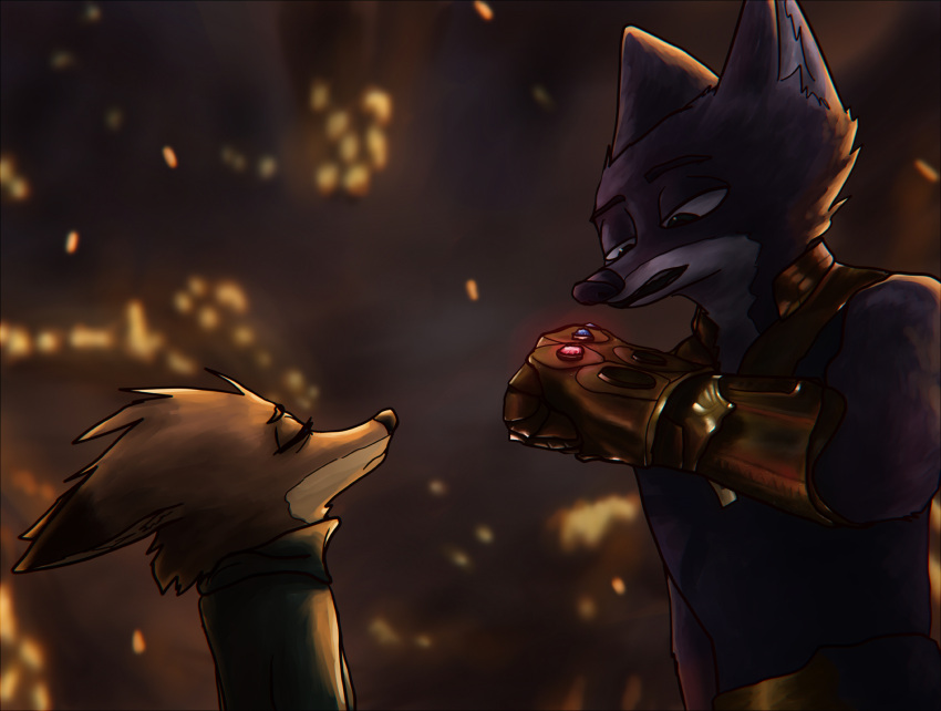 anthro armor canid canine charlie_(weaver) clothing crossover duo eyes_closed famished_(artist) female fox gauntlets gloves grey_fox hamilton_(famished) handwear hi_res magic male male/female mammal marvel pack_street urocyon