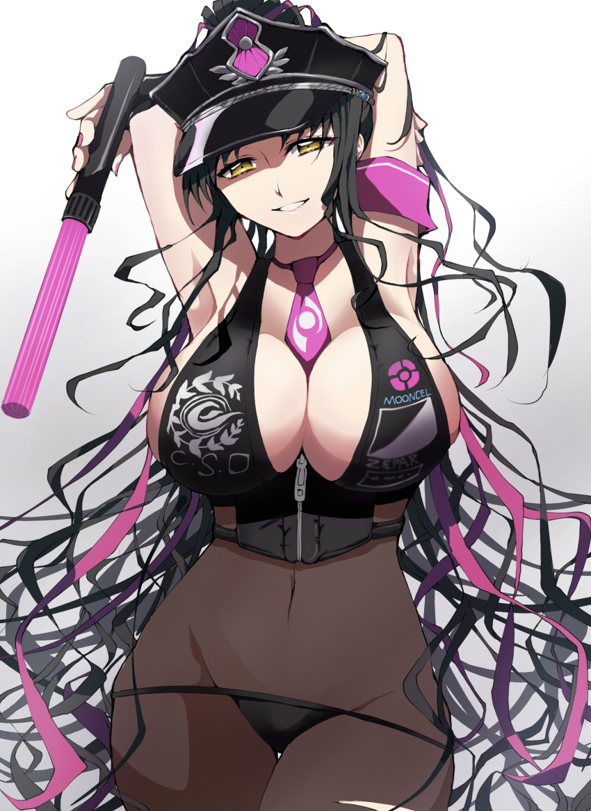 1girl absurdres armpits arms_up bikini black_bikini black_bikini_bottom black_headwear bodystocking breasts covered_navel facial_mark fate/grand_order fate_(series) fingerless_gloves forehead_mark forehead_tattoo gloves hat highres large_breasts looking_at_viewer multicolored_hair necktie peaked_cap pink_necktie police_hat sesshouin_kiara sesshouin_kiara_(swimsuit_mooncancer) sesshouin_kiara_(swimsuit_mooncancer)_(second_ascension) simple_background smile solo streaked_hair swimsuit torn_bodystocking torn_clothes toyosu traffic_baton yellow_eyes
