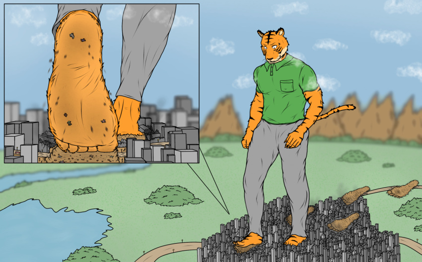 2023 5_toes anthro barefoot beastars bill_(beastars) black_stripes bottomwear building building_destruction car city city_destruction claws clothing cloud colored crush cutaway debris destruction digital_drawing_(artwork) digital_media_(artwork) extreme_size_difference feet felid foot_crush footprint fur green_clothing green_shirt green_topwear grey_bottomwear grey_clothing grey_pants hi_res humanoid_feet lake landscape larger_anthro larger_male littlelion46 looking_down macro male mammal micro mountain orange_body orange_fur outside pantherine pants plantigrade river shirt size_difference sky smellslikejavier solo stick_figure story story_at_source story_in_description stripes stuck_to_foot tail tiger toe_claws toes topwear vehicle water whiskers