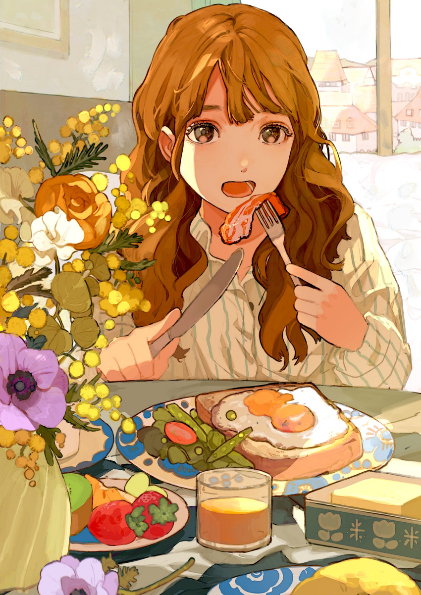 1girl absurdres bacon bread brown_hair bug butterfly eating flower food fork fried_egg fruit glass highres holding holding_fork holding_knife kiwi_(fruit) knife long_hair long_sleeves looking_at_viewer original peas plate qooo003 strawberry vase window