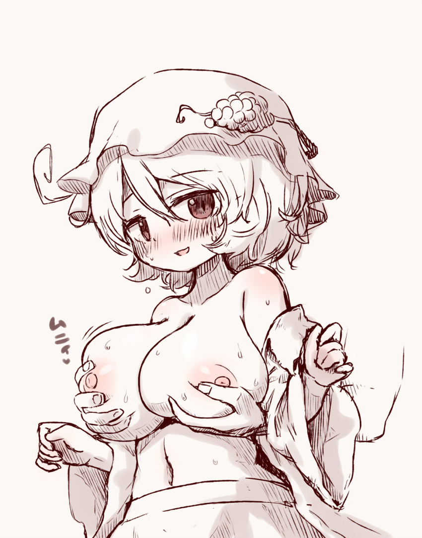 1girl 1other aki_minoriko arinu blush breasts cleavage collarbone fruit_hat_ornament grabbing grabbing_another's_breast grabbing_from_behind grape_hat_ornament grey_background hat hat_ornament heart highres large_breasts long_sleeves mob_cap motion_lines navel nipples open_mouth red_eyes short_hair simple_background sketch skirt touhou wide_sleeves