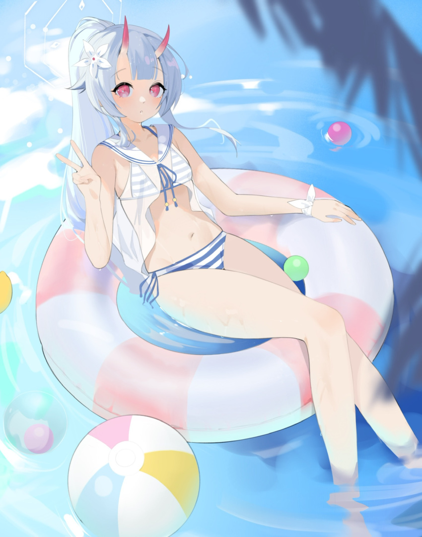 1girl annlee ball bare_arms bare_legs bare_shoulders beachball bikini blue_archive blue_bikini blue_hair blush breasts chise_(blue_archive) chise_(swimsuit)_(blue_archive) collarbone day flower hair_between_eyes hair_flower hair_ornament halo highres horns innertube long_hair looking_at_viewer navel oni_horns open_mouth outdoors partially_submerged red_eyes red_horns sailor_collar see-through see-through_camisole side-tie_bikini_bottom side_ponytail sitting small_breasts soaking_feet solo striped striped_bikini swimsuit thighs two-tone_bikini v water white_sailor_collar