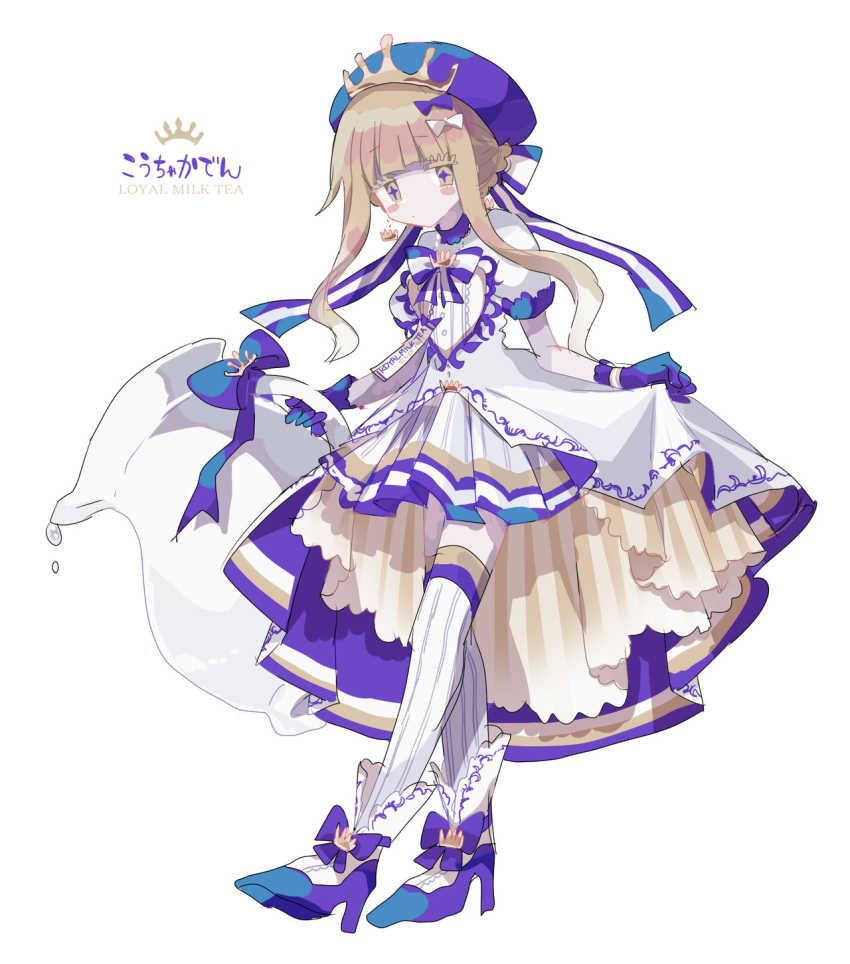 1girl blonde_hair blue_bow blue_gloves blue_headwear blue_pupils blue_ribbon blush_stickers bow closed_mouth coat colored_eyelashes crown_earrings earrings english_text expressionless flat_chest footwear_ribbon full_body gloves hair_bow hat hat_ribbon high_heels highres holding_pitcher jewelry multiple_hair_bows no_nose original pleated_skirt puffy_short_sleeves puffy_sleeves ribbon short_sleeves simple_background skirt solo sparkling_eyes thighhighs translation_request usagi_nui walking white_background white_bow white_coat white_footwear white_skirt white_thighhighs yellow_eyes