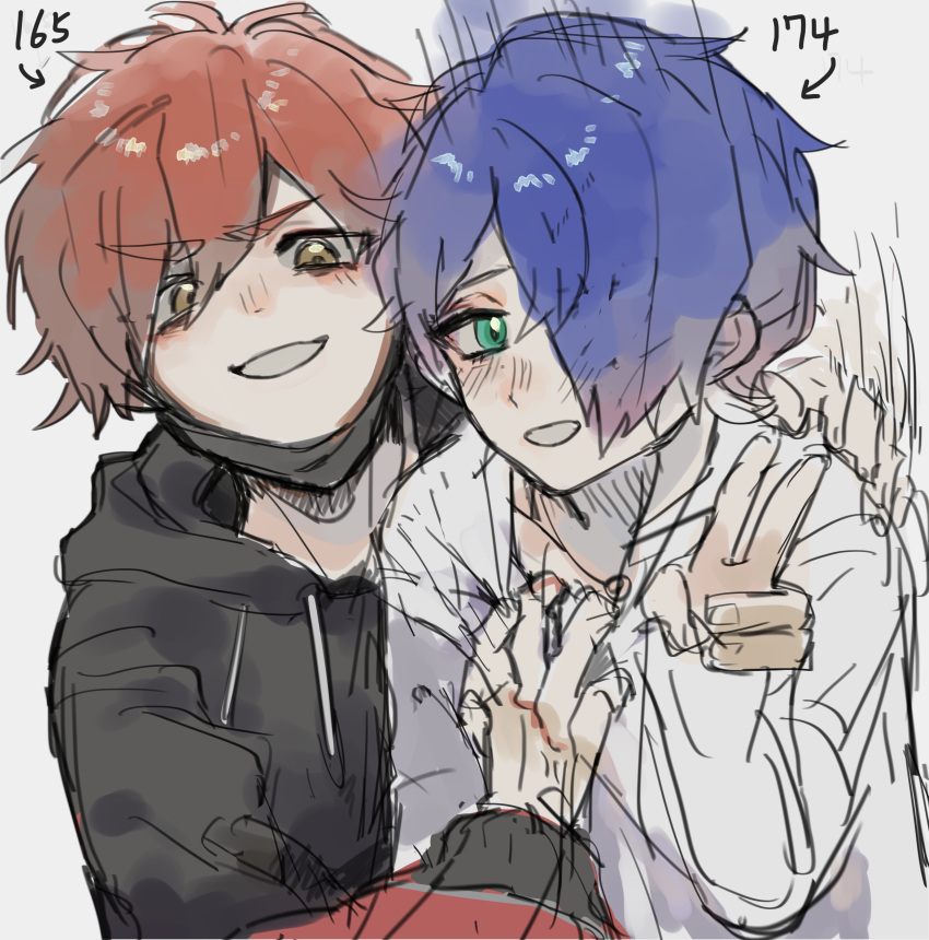 2boys absurdres aqua_eyes black_hoodie blue_hair hair_over_one_eye highres hood hood_down hoodie kajiyama_fuuta male_focus mask milgram mou_xingchen mouth_mask multiple_boys one_eye_covered orange_eyes red_hair sakurai_haruka_(milgram) shirt sketch smile teeth v white_shirt