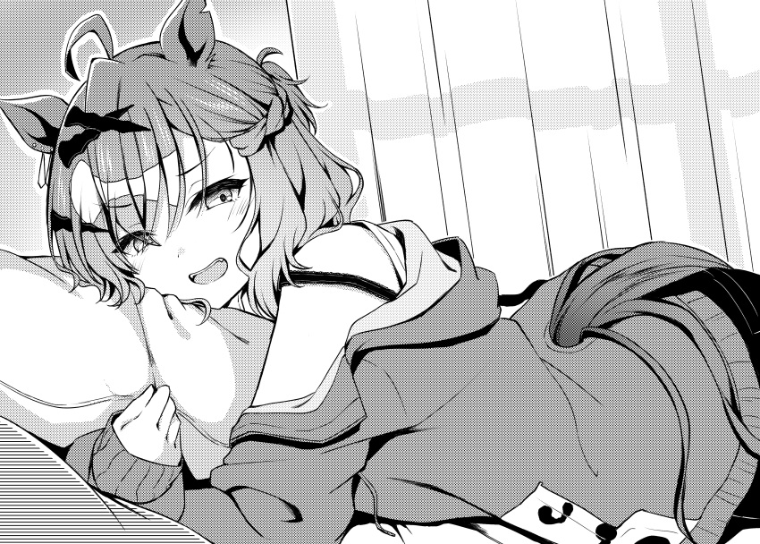 1girl absurdres ahoge animal_ears blush camisole curtains greyscale highres horse_ears horse_girl horse_tail hugging_object indoors jacket jungle_pocket_(umamusume) long_sleeves looking_at_viewer lying monochrome notched_ear on_stomach open_mouth pillow pillow_hug ryochapu short_hair smile solo strap_slip tail tail_through_clothes teeth umamusume upper_teeth_only