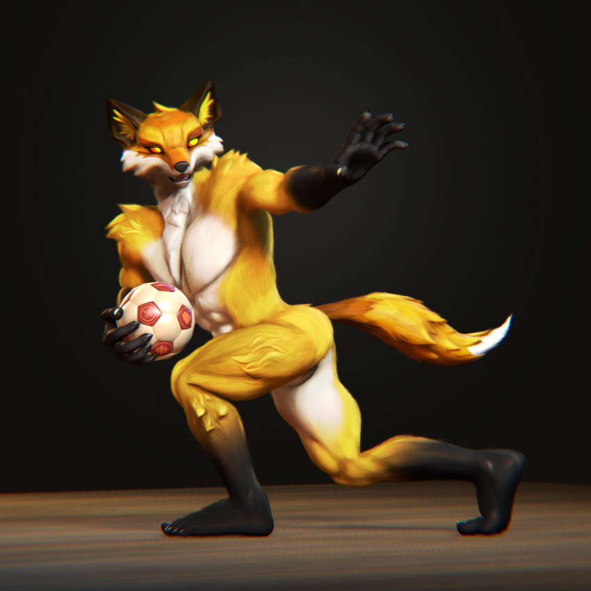 abs anthro ball brown_body brown_fur canid canine cheek_tuft claws facial_tuft featureless_crotch fox fur glowing glowing_eyes hi_res huskytheprotogen inner_ear_fluff male mammal muscular muscular_anthro muscular_arms muscular_male muscular_thighs open_mouth orange_body orange_fur pecs pose red_fox shoulder_tuft simple_background smile soccer_ball solo tail tail_tuft tuft white_body white_fur yellow_eyes