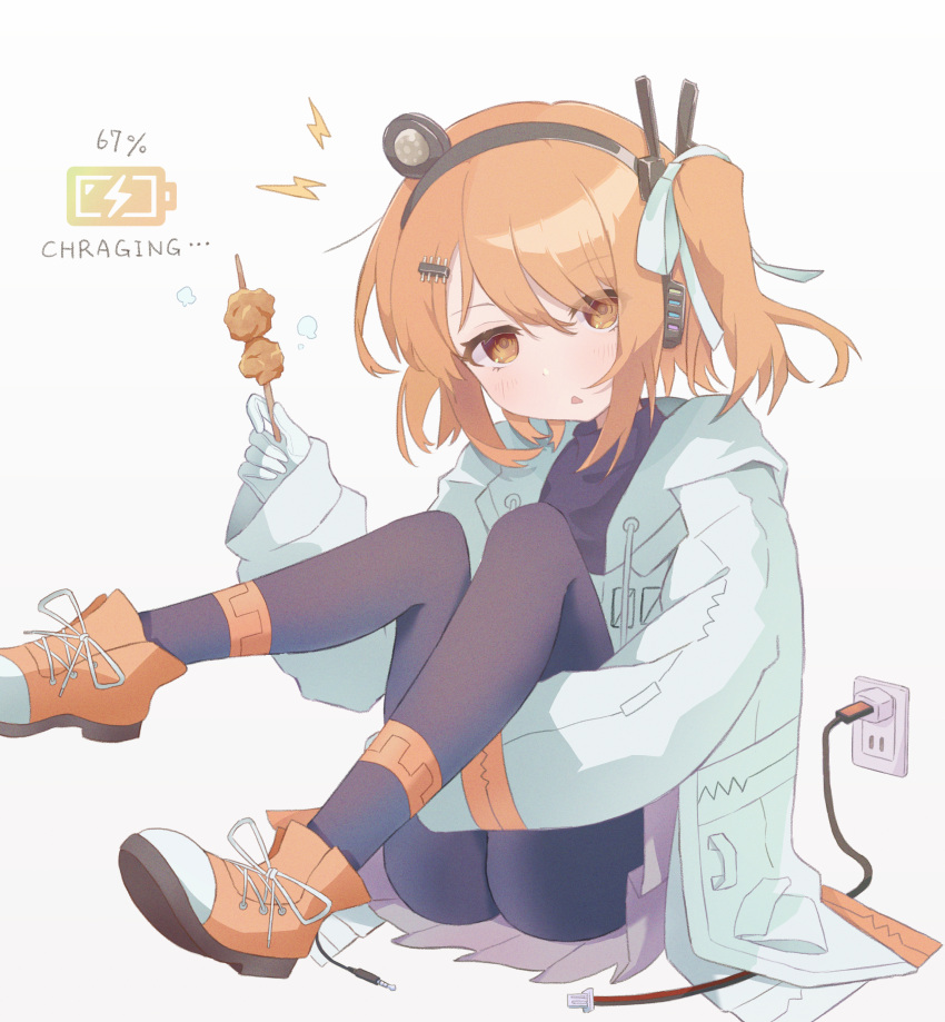 1girl a.i._voice absurdres adachi_rei android battery_indicator black_leggings black_shirt blush cable charging_device commentary electrical_outlet english_text feet_up food fried_chicken full_body gasao gloves grey_skirt hand_up headlamp headset highres holding holding_skewer hood hood_down hooded_jacket hugging_own_legs jacket leggings lightning_bolt_symbol looking_at_viewer medium_hair one_side_up open_mouth orange_eyes orange_hair pleated_skirt radio_antenna shirt shoes simple_background sitting skewer skirt sneakers solo typo utau white_background white_gloves white_jacket