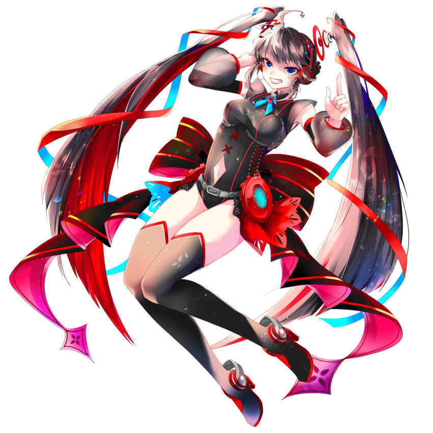 1girl black_footwear black_hair black_shirt blue_eyes boots colored_inner_hair detached_sleeves hands_up hatsune_miku highres long_hair looking_at_viewer multicolored_hair red_hair shirayuki_towa shirt smile solo thigh_boots twintails very_long_hair vocaloid