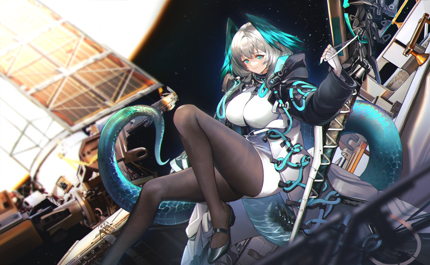 1girl absurdres arknights black_footwear black_pantyhose breasts commentary dress fingerless_gloves foot_out_of_frame gloves green_eyes green_tail grey_hair head_wings highres ho'olheyak_(arknights) hooded_coat jia_redian_ruzi_ruzi large_breasts long_hair long_sleeves pantyhose satellite satellite_dish science_fiction shoes smile solo space two-tone_coat white_dress white_gloves wings