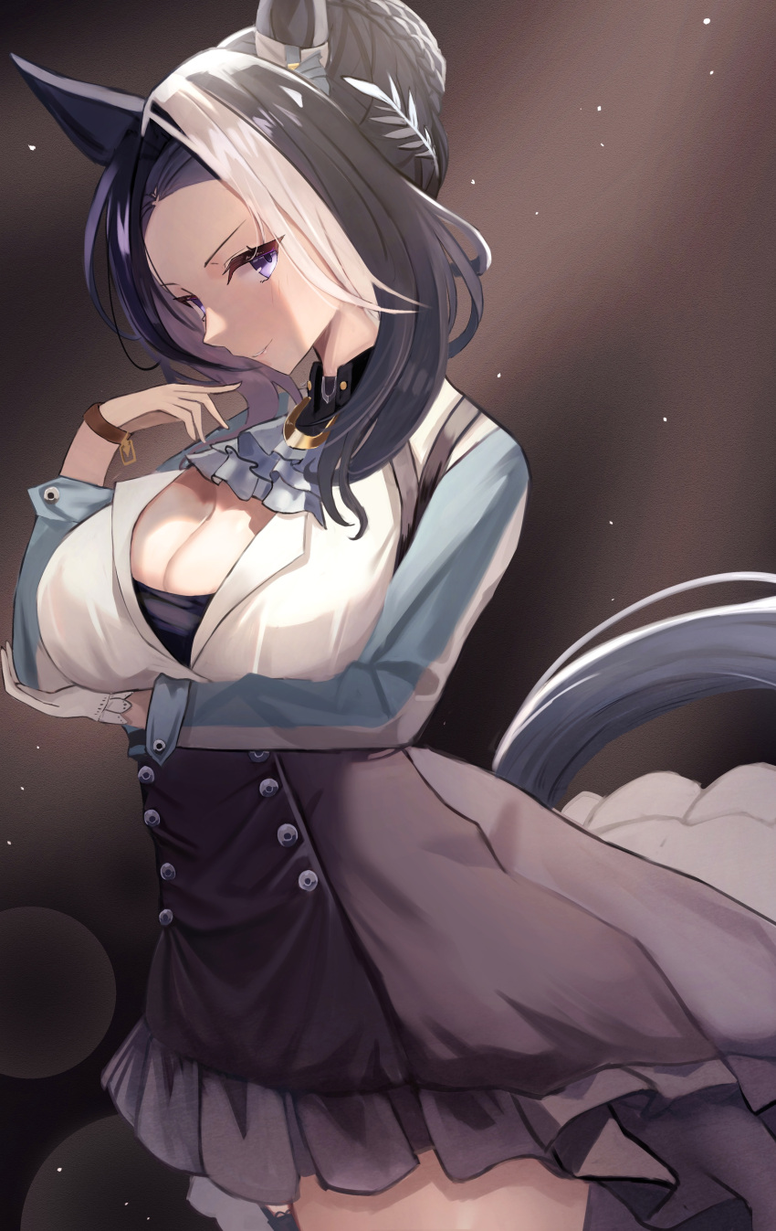 1girl absurdres animal_ears ascot black_hair black_skirt blue_ascot blush breasts buttons cleavage commentary_request cowboy_shot double-breasted ear_ornament hair_bun highres horse_ears horse_girl horse_tail jacket lens_flare looking_at_viewer mejiro_ramonu_(umamusume) multicolored_hair purple_eyes short_hair skirt solo streaked_hair taguchi_yuu tail umamusume white_hair white_jacket