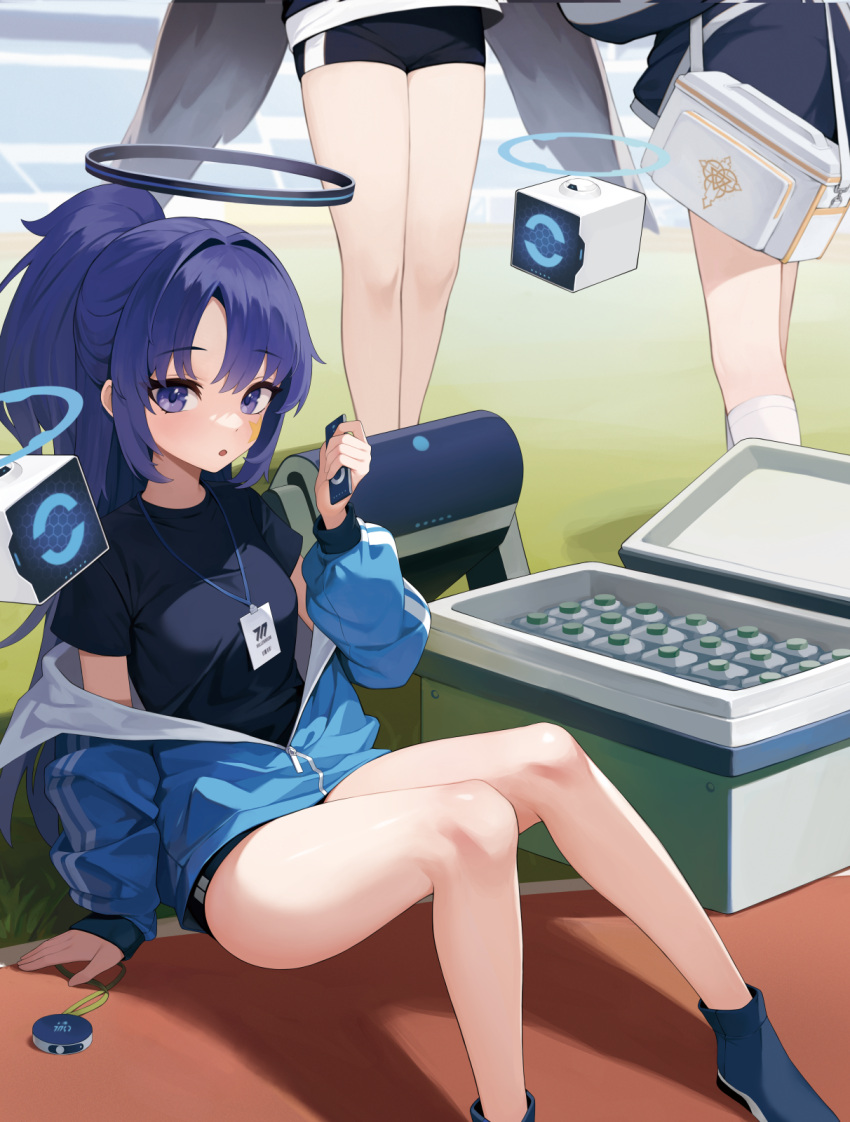 3girls bare_legs black_buruma black_shirt blue_archive blue_jacket buruma commentary cooler drone half_updo halo hand_up hasumi_(blue_archive) hasumi_(gym_uniform)_(blue_archive) highres id_card jacket knees_up long_hair long_sleeves looking_at_viewer mari_(blue_archive) mari_(gym_uniform)_(blue_archive) multiple_girls off_shoulder official_alternate_costume open_mouth purple_eyes purple_hair sbbs shirt shoes short_sleeves sitting solo_focus thighs yuuka_(blue_archive) yuuka_(gym_uniform)_(blue_archive)