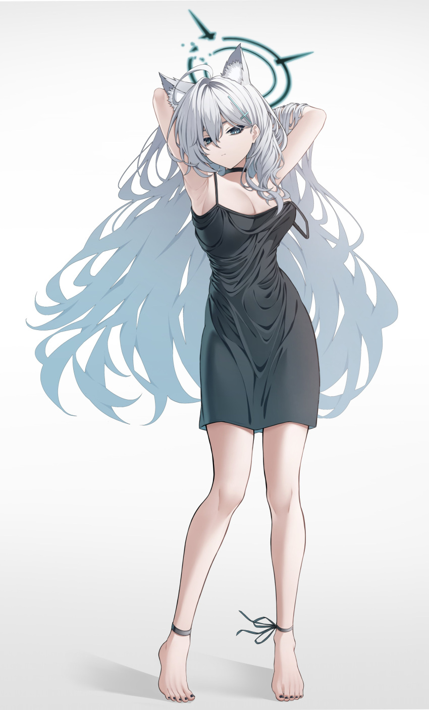 1girl absurdres ahoge alternate_costume animal_ear_fluff animal_ears ankle_ribbon armpits arms_behind_head arms_up barefoot black_choker black_dress black_halo blue_archive broken_halo choker closed_mouth commentary dress expressionless grey_eyes grey_hair halo highres leg_ribbon long_hair looking_at_viewer mismatched_pupils popcat_(jung5u) ribbon shiroko_(blue_archive) shiroko_terror_(blue_archive) simple_background sleeveless sleeveless_dress solo standing strap_slip toes white_background wolf_ears wolf_girl