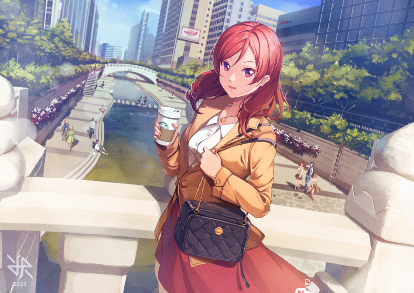 6+girls 6+others bag character_request city dated handbag highres hiroki_ree jacket looking_at_viewer love_live! multiple_girls multiple_others nishikino_maki product_placement purple_eyes red_hair red_skirt seoul shirt skirt smile starbucks white_shirt yellow_jacket