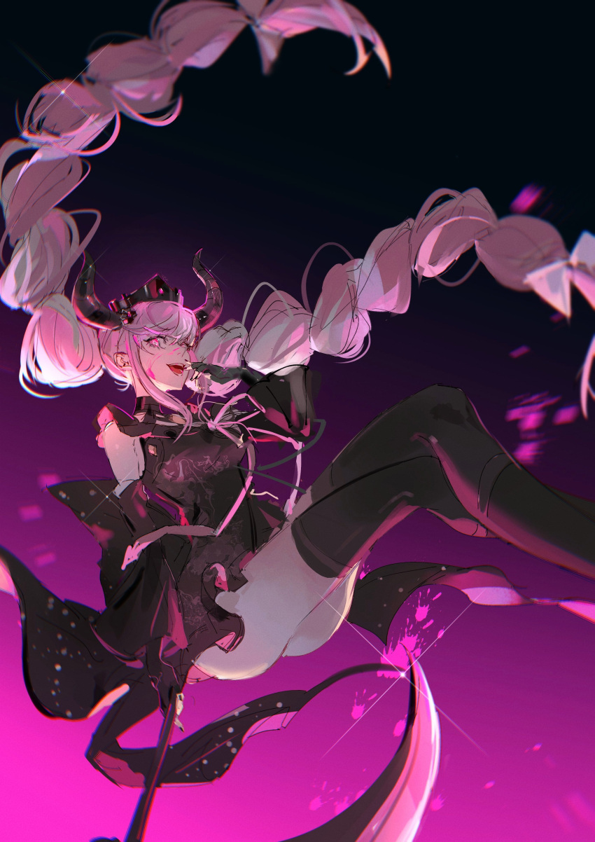 1girl :d absurdres ass binxngchng1 black_background black_dress black_gloves black_horns black_nails black_thighhighs braid breasts cleavage crown dress fingerless_gloves gloves gradient_background hair_up highres holding holding_scythe holding_weapon horns master_detective_archives:_rain_code multicolored_hair open_mouth pink_background scythe shinigami_(rain_code) smile solo thighhighs twin_braids twintails two-tone_hair weapon