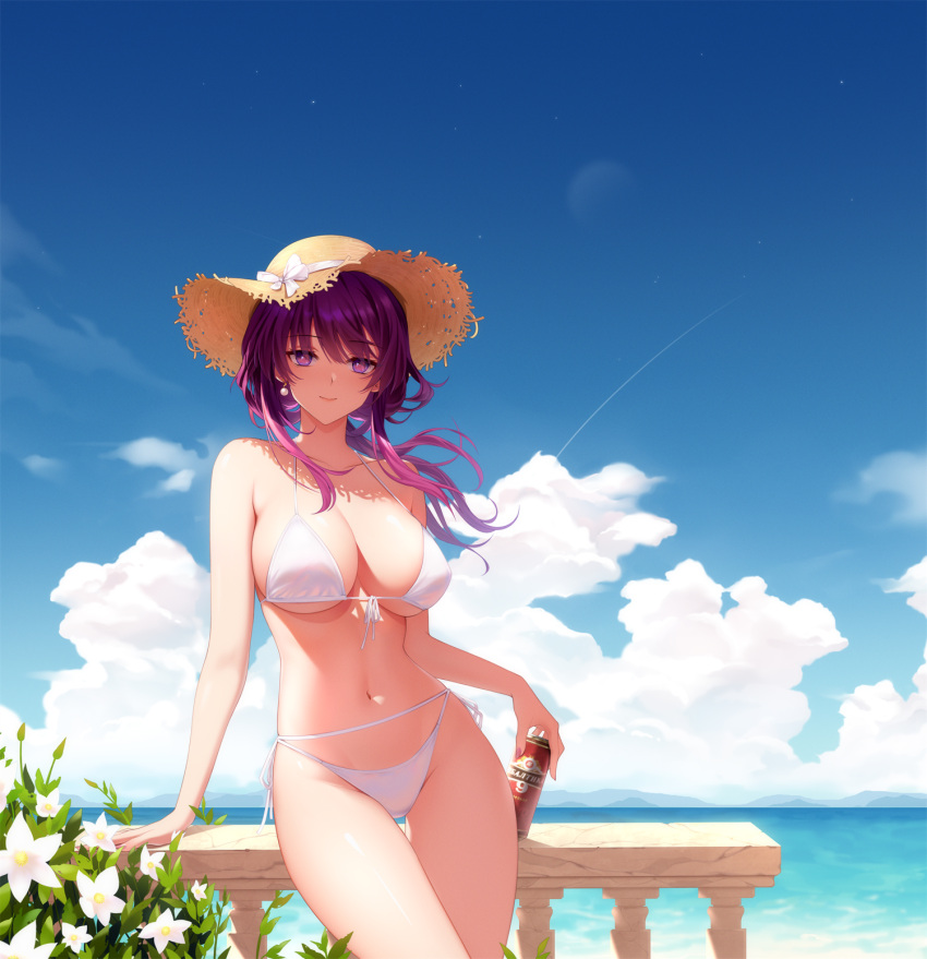 1girl bare_arms bare_legs bare_shoulders bikini blue_sky breasts cleavage cloud collarbone cowboy_shot drink earrings fingernails flower hair_between_eyes hat highres holding holding_drink honkai:_star_rail honkai_(series) jewelry kafka_(honkai:_star_rail) large_breasts leaf legs long_hair looking_at_viewer lyusiola navel ocean outdoors purple_eyes purple_hair sidelocks sky smile solo stomach straw_hat swimsuit thighs watermark white_bikini white_flower