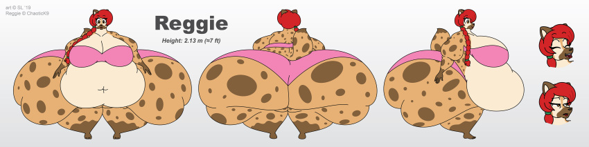 2019 absurd_res anthro belly big_belly big_breasts big_butt breasts butt copyright_symbol deep_navel digital_media_(artwork) english_text eyes_closed facial_expressions female fur hair hi_res huge_belly huge_breasts huge_butt huge_thighs hyena hyper hyper_butt hyper_thighs long_image mammal model_sheet morbidly_obese morbidly_obese_anthro morbidly_obese_female navel obese obese_anthro obese_female open_mouth overweight overweight_anthro overweight_female ponytail red_hair reggie_(chaotick9) satsumalord solo spots spotted_body spotted_fur spotted_hyena symbol text thick_thighs wide_image yellow_eyes