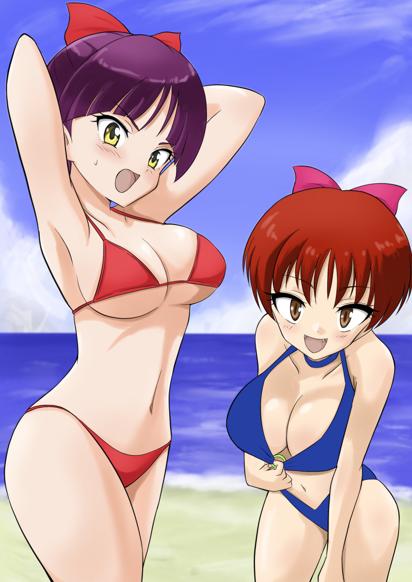 2girls absurdres arms_behind_head beach bikini blue_bikini blush bow bowtie breasts brown_eyes cat_girl commission fang gegege_no_kitarou highres medium_breasts multiple_girls navel nekomusume nekomusume_(gegege_no_kitarou_5) nekomusume_(gegege_no_kitarou_6) pink_bow pink_bowtie pixiv_commission purple_hair red_bikini red_bow red_bowtie red_hair seaside smile swimsuit turu_(rakugakituru77) yellow_eyes