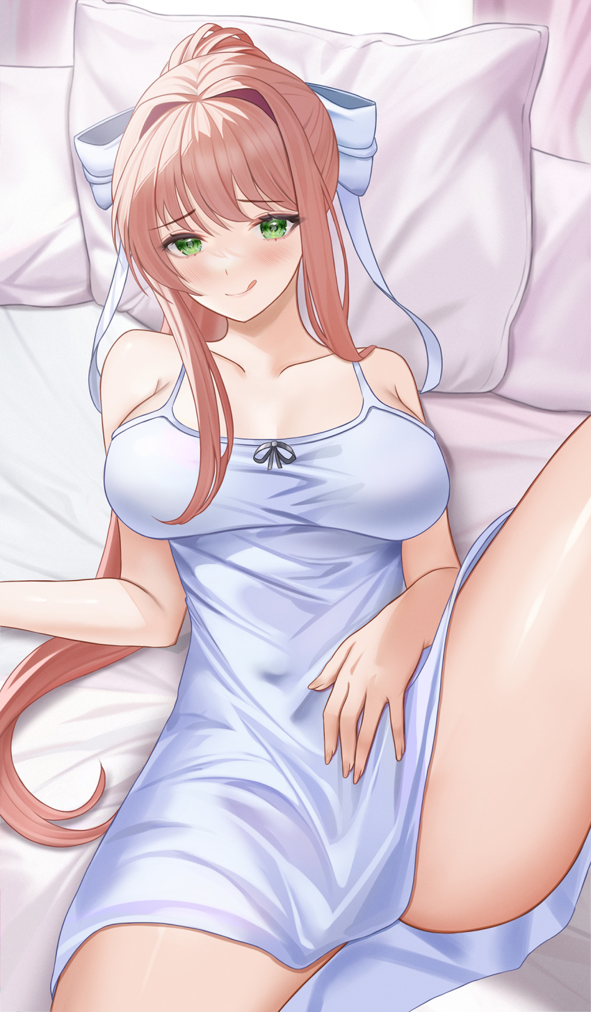 1girl alternate_costume bare_shoulders bed bed_sheet blush bow breasts brown_hair cleavage closed_mouth collarbone doki_doki_literature_club english_commentary green_eyes hair_bow hair_intakes hand_on_own_stomach highres large_breasts licking_lips light_smile long_hair looking_at_viewer lying monika_(doki_doki_literature_club) nightgown on_back on_bed pillow ponytail solo spread_legs thighs tongue tongue_out white_bow white_nightgown yami_(rear4742)