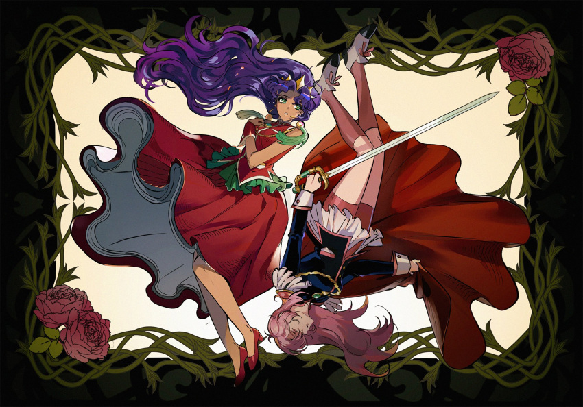 2girls aiguillette black_jacket cape closed_eyes dark-skinned_female dark_skin dress epaulettes floating_hair flower green_eyes highres himemiya_anthy holding holding_sword holding_weapon jacket kneehighs long_hair multiple_girls pink_hair plant poti purple_hair rapier red_cape red_dress red_flower red_footwear red_rose red_shorts red_socks rose rotational_symmetry shoes shorts shoujo_kakumei_utena socks sword sword_of_dios tenjou_utena tiara vines weapon white_footwear