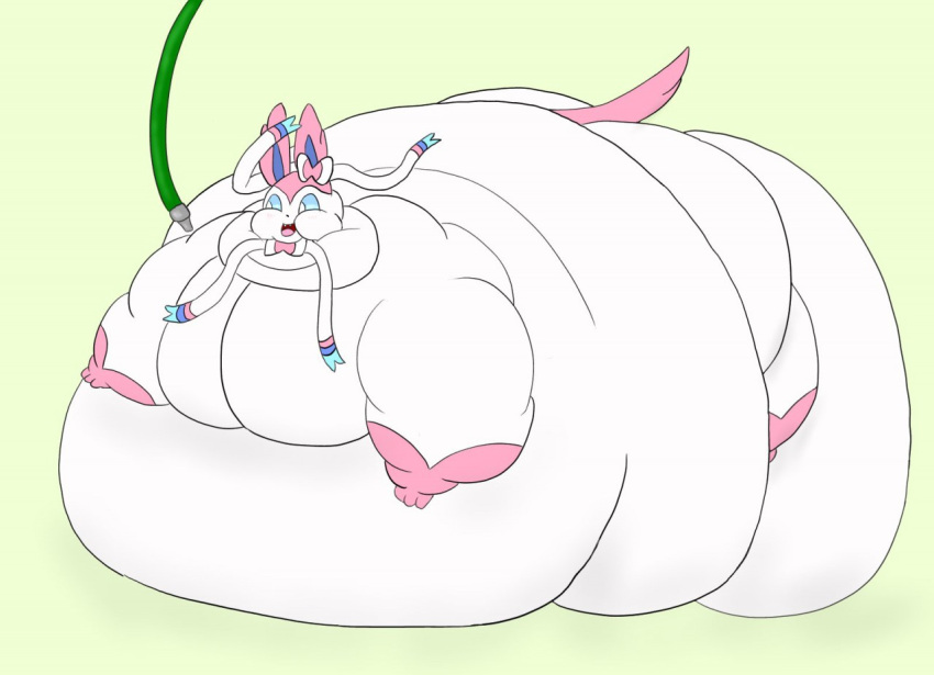 2020 ambiguous_gender belly big_belly blue_inner_ear blue_sclera bow_ribbon cheek_bulge chubby_cheeks colored digital_media_(artwork) eeveelution feral generation_6_pokemon green_background green_hose hgh-pine hose hyper hyper_belly immobile lying morbidly_obese morbidly_obese_ambiguous nintendo obese obese_ambiguous on_front open_mouth overweight overweight_ambiguous pink_ears pink_tail pink_tongue pokemon pokemon_(species) simple_background smile sylveon tail tongue weight_gain white_body white_eyes