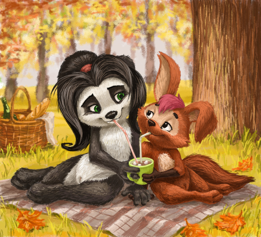 absurd_res anthro autumn bear beverage duo female forest genitals giant_panda hi_res hybrid mammal misterluca plant pussy tama-tama tree