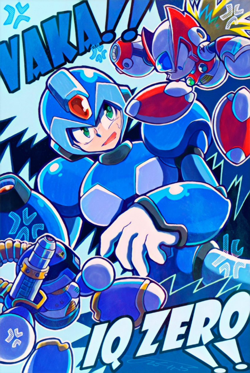 3boys absurdres android anger_vein arm_cannon blonde_hair blue_eyes commentary english_commentary english_text green_eyes helmet highres insult long_hair male_focus mega_man_(series) mega_man_x1 mega_man_x_(series) multiple_boys nongura vile_(mega_man) weapon x_(mega_man) zero_(mega_man)