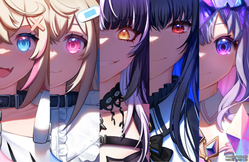 5girls :3 :d belt_collar black_choker black_collar black_dress black_shirt blue_eyes blue_hair choker closed_mouth collar colored_inner_hair cropped_shirt detached_collar dog_girl dress evil_grin evil_smile fang frilled_collar frills fuwawa_abyssgard grey_hair grin hair_ornament hairpin holoadvent hololive hololive_english koseki_bijou long_hair looking_at_viewer medium_hair mococo_abyssgard mole mole_under_eye multicolored_hair multiple_girls nerissa_ravencroft pink_eyes pink_hair pokey purple_eyes red_eyes shiori_novella shirt siblings sisters skin_fang smile split-color_hair streaked_hair twins virtual_youtuber white_collar white_dress white_hair white_shirt x_hair_ornament yellow_eyes