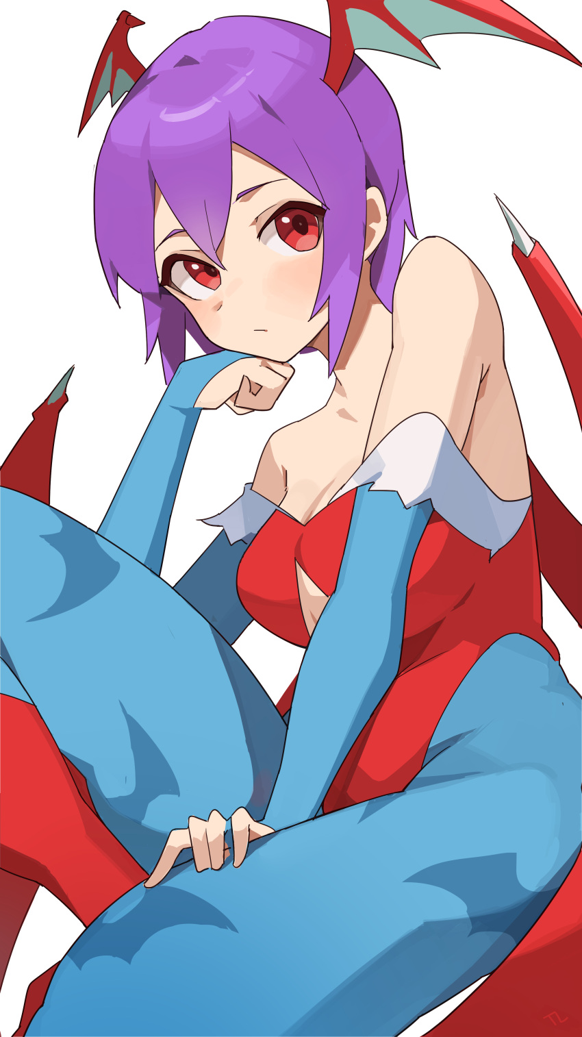 1girl absurdres animal_print bare_shoulders bat_print bat_wings breasts bridal_gauntlets closed_mouth demon_girl diamond_cutout expressionless head_wings highres leotard lilith_aensland looking_at_viewer low_wings multiple_girls pantyhose print_pantyhose purple_hair red_eyes red_leotard short_hair solo t-lex vampire_(game) wings