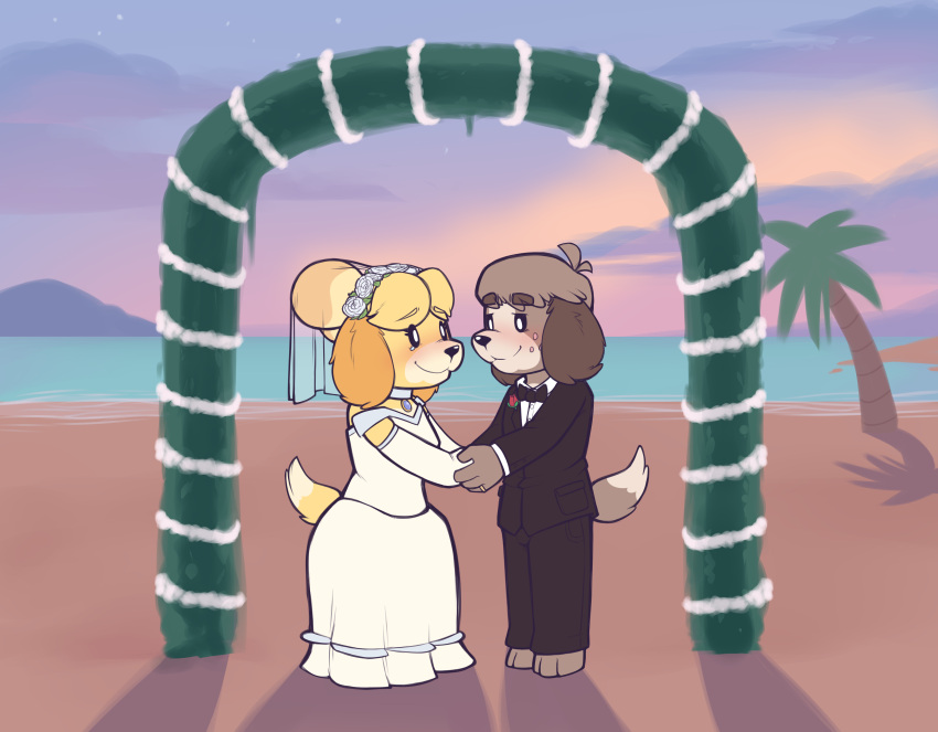 absurd_res animal_crossing anthro armwear barefoot beach blush bow_tie canid canine canis clothing collar digby_(animal_crossing) digit_ring domestic_dog dress duo elbow_gloves feet female flower flower_crown gloves handwear hi_res implied_incest incest_(lore) isabelle_(animal_crossing) jewelry male mammal nintendo plant porldraws ring seaside shih_tzu suit toy_dog wedding wedding_dress wedding_ring