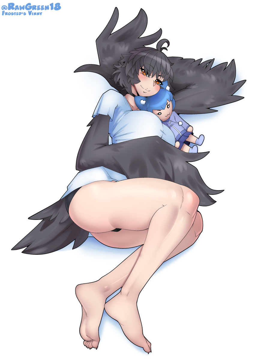 1girl absurdres ahoge artist_name bird_tail black_panties blush breasts doll feathers harpy highres impossible_clothes impossible_shirt large_breasts looking_at_viewer monster_girl orange_eyes original panties rawgreen reclining shirt simple_background slit_pupils smile solo tail tail_feathers underwear vinny_the_pigeon_harpy white_background white_shirt winged_arms wings