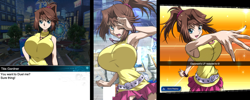 breasts brown_hair gigantic_breasts green_eyes huge_breasts impossible_clothes impossible_shirt large_breasts looking_at_viewer mazaki_anzu ponytail shirt sideboob skirt sleeveless thesanstorm tight_clothes tight_shirt yu-gi-oh! yu-gi-oh!_duel_links yu-gi-oh!_duel_monsters