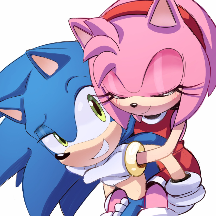 1boy 1girl amy_rose animal_ears animal_nose blue_fur blush carrying closed_eyes cowboy_shot dress english_commentary furry furry_female furry_male gloves green_eyes hairband hands_on_another's_face hedgehog hedgehog_ears hedgehog_girl hedgehog_tail hetero highres piggyback pink_fur pink_hair red_dress red_hairband simple_background smile sonic_(series) sonic_the_hedgehog steffybs teeth white_background white_gloves
