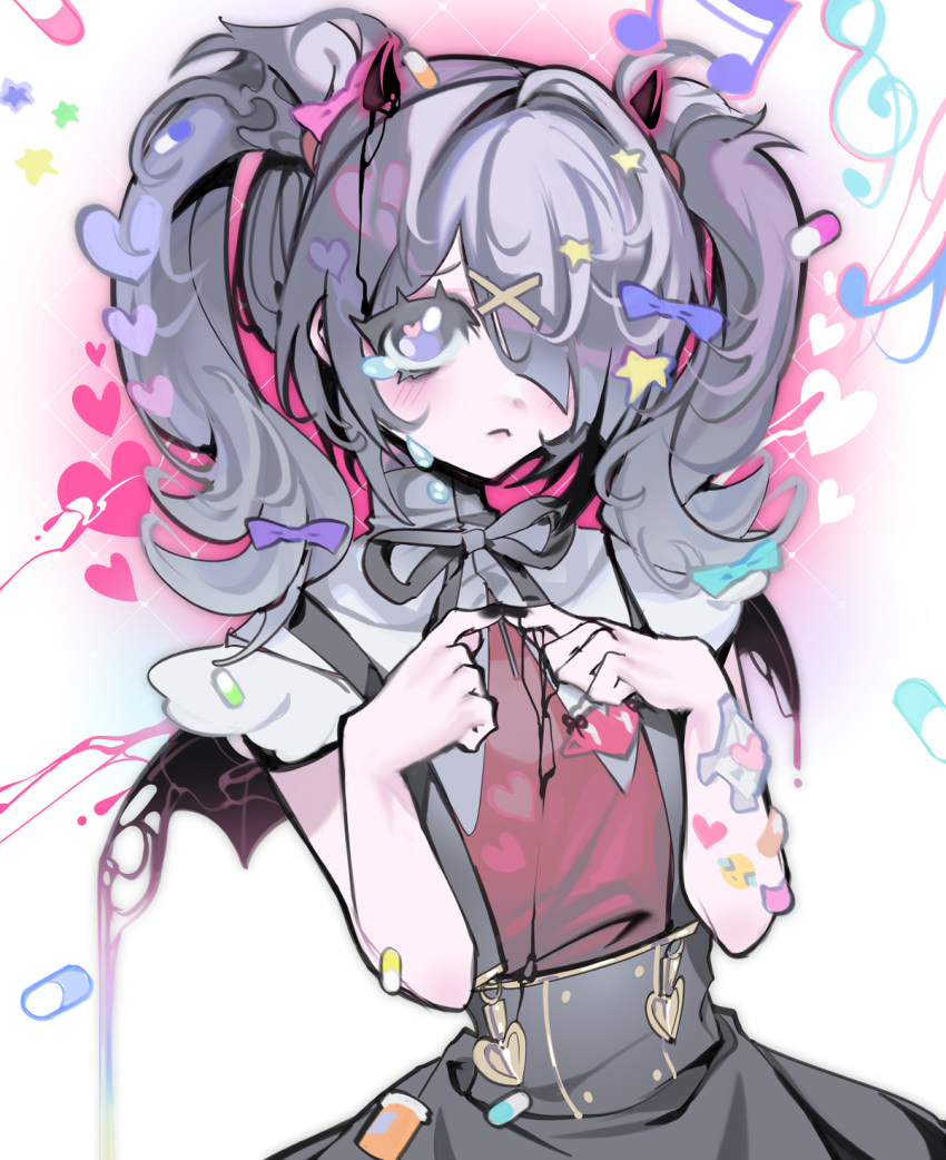 1girl ame-chan_(needy_girl_overdose) black_horns black_nails black_ribbon black_skirt black_wings blush closed_mouth collar collared_shirt commentary crying crying_with_eyes_open demon_horns demon_wings english_commentary fidgeting frown grey_hair hair_ornament hair_over_one_eye hairclip hands_up heart highres horns index_fingers_together long_hair melting mokiette musical_note nail_polish neck_ribbon needy_girl_overdose pill pill_bottle purple_eyes purple_ribbon red_shirt ribbon shirt shirt_tucked_in skirt solo star_(symbol) suspender_skirt suspenders tears twintails white_collar wings x_hair_ornament