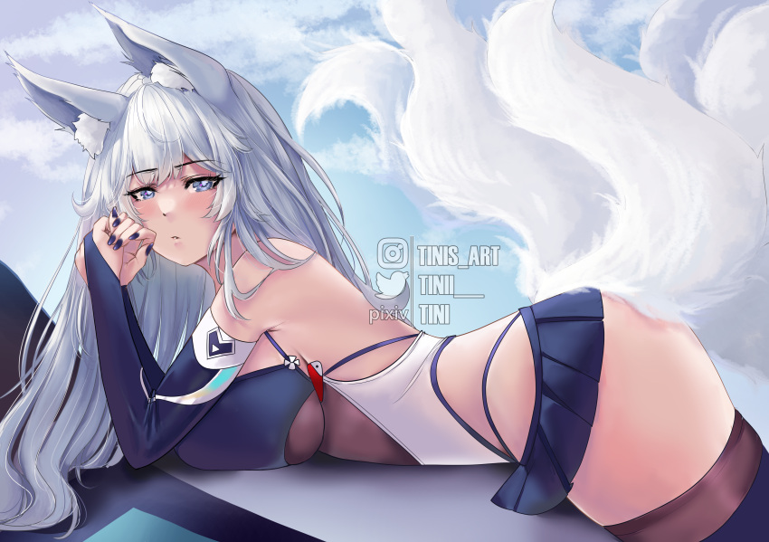 1girl absurdres animal_ear_fluff animal_ears ass azur_lane bare_shoulders black_nails blue_eyes blue_footwear blue_skirt boots breasts bridal_gauntlets cloud fox_ears fox_girl fox_tail from_side greyscale highres instagram_username kitsune large_breasts long_hair lying miniskirt monochrome multiple_tails on_stomach own_hands_together pixiv_username pleated_skirt race_queen shinano_(azur_lane) shinano_(moonlit_chrome)_(azur_lane) skirt sky solo tail thigh_boots thighhighs tini twitter_username