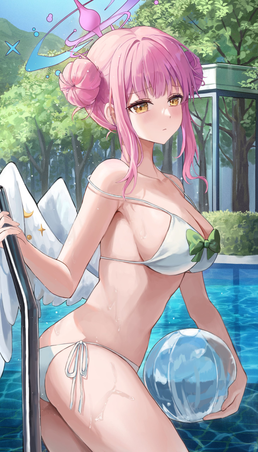 1girl absurdres accessories alternate_costume ball beachball bikini blue_archive blush breasts chie_(user_snfh8333) double_bun hair_bun halo highres large_breasts looking_at_viewer low_wings mika_(blue_archive) pink_hair pool solo swimsuit tree water wings yellow_eyes