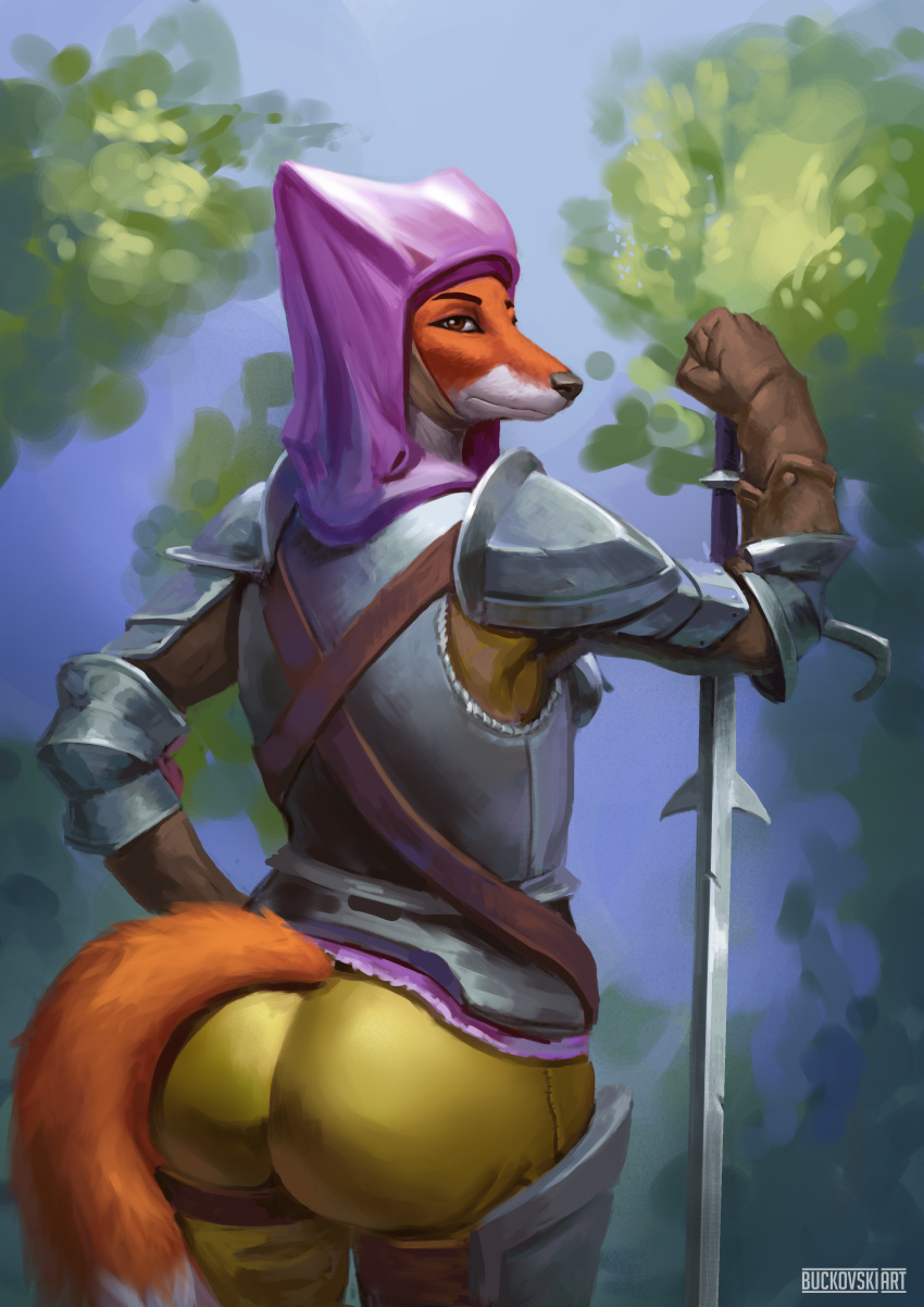 absurd_res anthro armor breastplate buckovskiart butt canid canine cloth clothing disney fantasy female female/female forest forest_background fox fur gesture gloves green_background handwear hi_res knight leather leather_clothing leather_gloves leather_handwear maid_marian mammal melee_weapon metal nature nature_background orange_body orange_fur plant purple_background red_eyes red_fox robin_hood_(disney) shoulder_pads simple_background solo suggestive suggestive_gesture suggestive_look suggestive_pose sword tight_clothing tight_fit tree warrior weapon zweihander