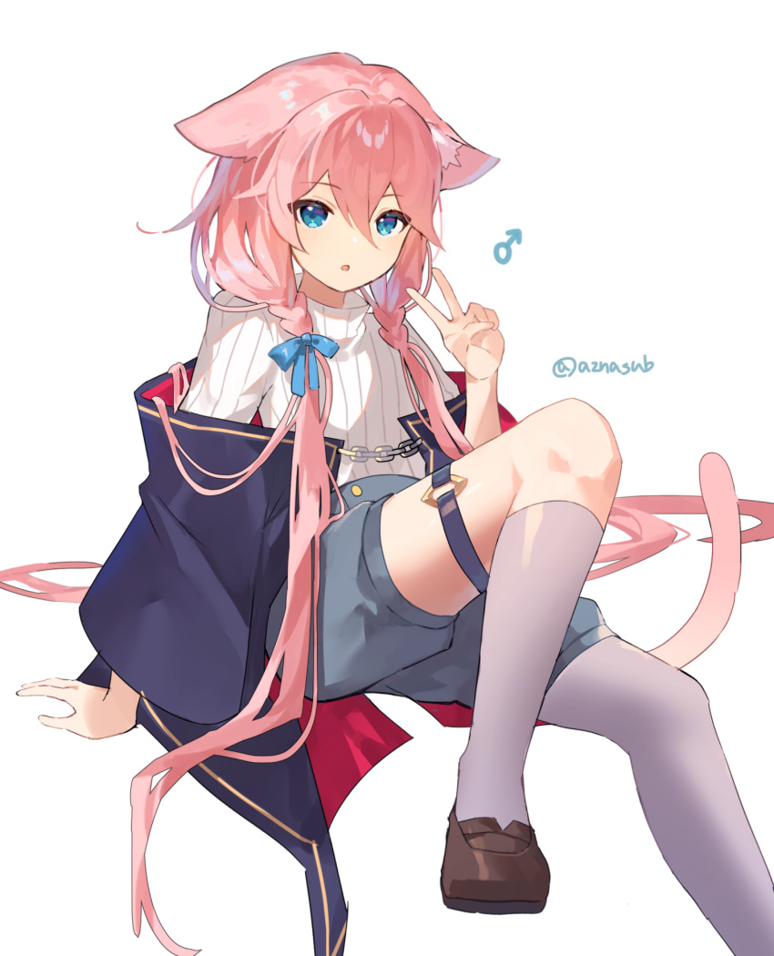 1boy animal_ear_fluff animal_ears azna blue_eyes braid chain grey_pantyhose grey_shorts grey_socks hair_ribbon highres kneehighs long_hair long_sleeves looking_at_viewer male_focus mars_symbol original otoko_no_ko pantyhose parted_lips pink_hair ribbed_sweater ribbon shorts single_kneehigh single_leg_pantyhose single_sock socks solo sweater tail turtleneck turtleneck_sweater v very_long_hair white_background white_sweater