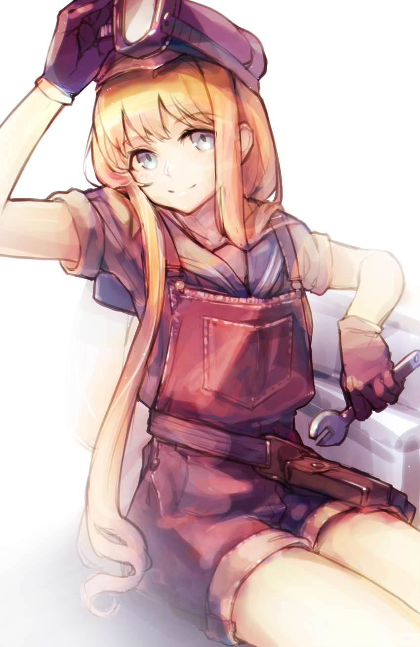 1girl apron belt_pouch black_gloves blonde_hair blurry blurry_background eiyuu_densetsu gloves goggles goggles_on_headwear grey_eyes hair_between_eyes hat highres holding holding_wrench long_hair looking_at_viewer madou_zakura pouch sidelocks sitting sleeves_rolled_up smile solo sora_no_kiseki tita_russell wrench