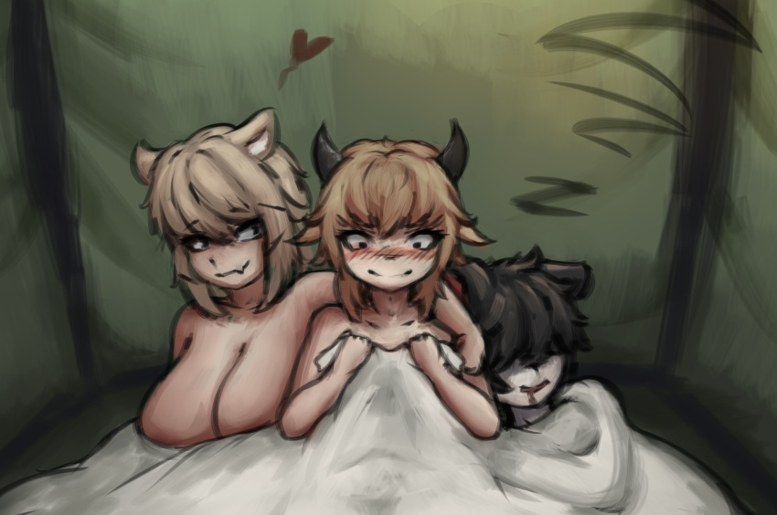 &lt;3 aak_(arknights) accessory animal_humanoid anthro areola arknights arm_around_shoulders bedding bedroom_eyes big_breasts bison_(arknights) black_hair blanket blonde_hair blush blush_lines bodily_fluids bovid bovid_humanoid bovine bovine_humanoid breasts cattle_humanoid convenient_censorship domestic_cat drooling felid felid_humanoid feline feline_humanoid felis female fremy fur group hair hair_accessory hair_over_eyes hairclip hi_res horn huge_breasts humanoid hybrid hypergryph inner_ear_fluff leaning leaning_on_another light_body light_skin male male/female male/male mammal mammal_humanoid monotone_hair narrowed_eyes nude pupils saliva seductive skin_fang sleeping slit_pupils sound_effects studio_montagne tan_hair tent tenting trio tuft utage_(arknights) vowelless vowelless_sound_effect white_body white_fur white_inner_ear_fluff young zzz