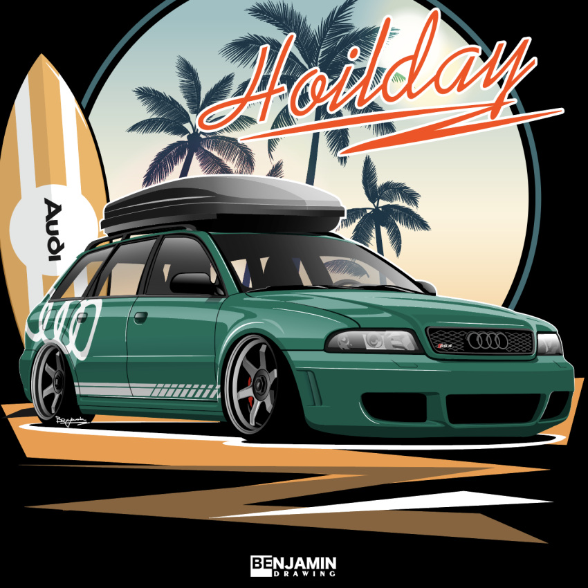 artist_name audi audi_rs4 benjamin_(user_scjv3278) car green_car highres motor_vehicle no_humans original palm_tree surfboard tree vehicle_focus vehicle_name