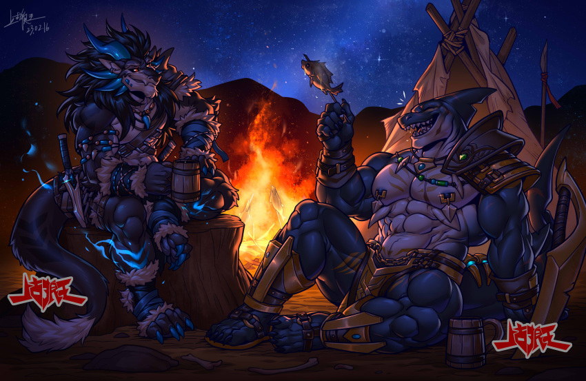 2023 2_horns 4_toes abs absurd_res anthro arm_guards arm_scar armband artist_name biceps black_body black_fur black_sclera blue_body blue_claws blue_flames blue_scales breechcloth campfire canid canine canis chest_markings chest_scar claws clothing dated deltoids dragon duo dylan_(alvintanubis) ear_piercing ear_ring elbow_fin facial_scar facial_spikes feet fin finger_claws fish footwear fur furred_dragon gem gold_markings grilled harness head_fin hi_res horn hybrid jewelry knife laugh leg_markings leg_scar male mammal marine markings melee_weapon mountain mugs multicolored_body multicolored_eyes multicolored_scales muscular_arms muscular_thighs necklace night nipple_piercing nipples notched_fin obliques pawpads pecs piercing polearm quads red_eyes ring_piercing sandals scales scar shanggulangwang shark sharp_teeth shin_guards shoulder_guards signature sky smile spear spikes spikes_(anatomy) star starry_sky sword teeth tent toe_claws toeless_footwear toes tree_stump triceps two_tone_body two_tone_eyes two_tone_scales warriors weapon white_body white_scales wolf yellow_eyes