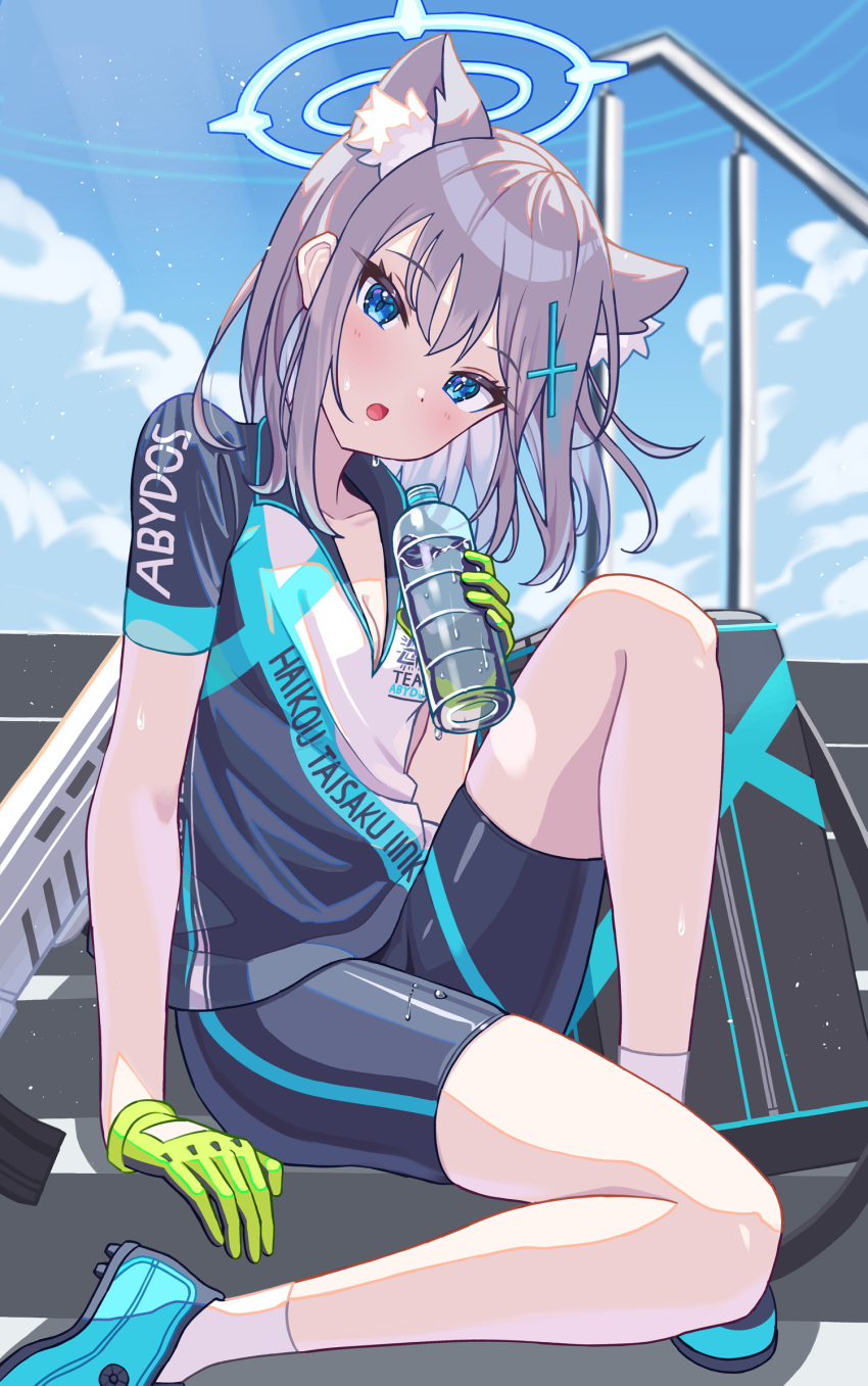 1girl animal_ear_fluff animal_ears bike_jersey bike_shorts black_shorts blue_archive blue_eyes blue_footwear blush bottle breasts cleavage collarbone cross_hair_ornament day extra_ears gloves green_gloves grey_hair hair_ornament highres holding holding_bottle looking_at_viewer medium_breasts medium_hair open_mouth outdoors shiroko_(blue_archive) shiroko_(cycling)_(blue_archive) shoes short_sleeves shorts socks solo usamaru67pi water_bottle white_socks wolf_ears