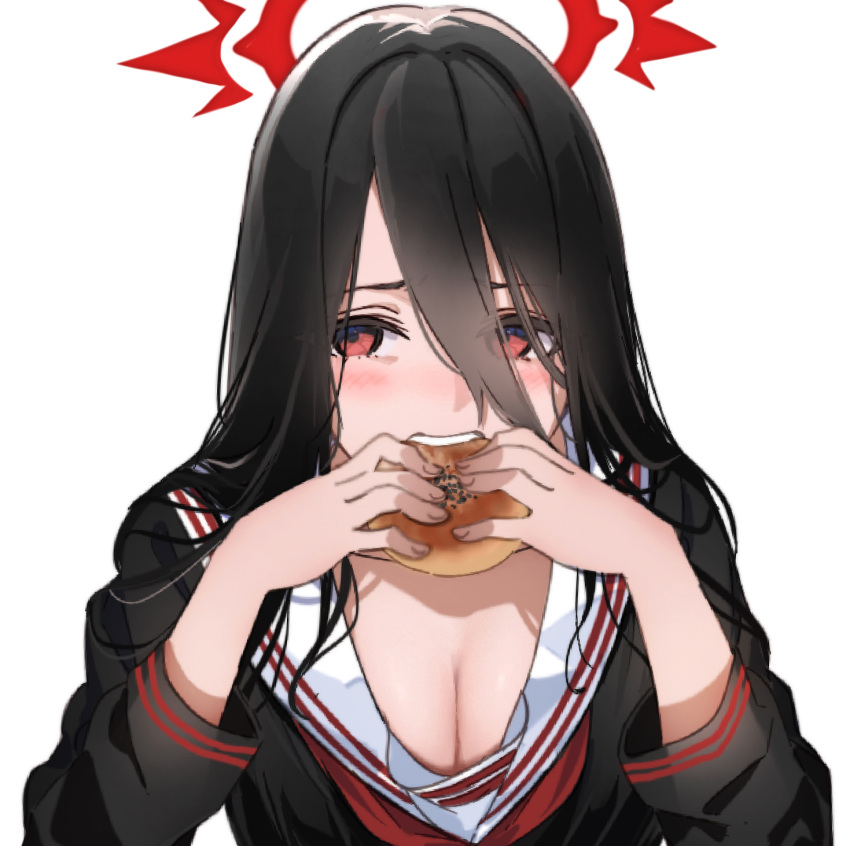 1girl black_hair black_shirt blue_archive bread breasts cleavage eating food hair_between_eyes halo hands_up hasumi_(blue_archive) highres holding holding_food icehotmilktea large_breasts long_hair long_sleeves looking_at_viewer red_eyes sailor_collar school_uniform serafuku shirt simple_background solo upper_body white_background white_sailor_collar
