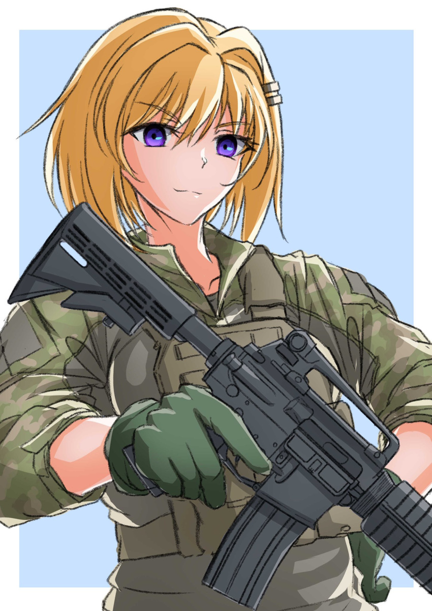 blonde_hair body_armor camouflage ellen_aice gloves gun hair_ornament highres holding holding_gun holding_weapon military_uniform muv-luv muv-luv:_dimensions muv-luv_alternative muv-luv_unlimited:_the_day_after purple_eyes twogo uniform weapon