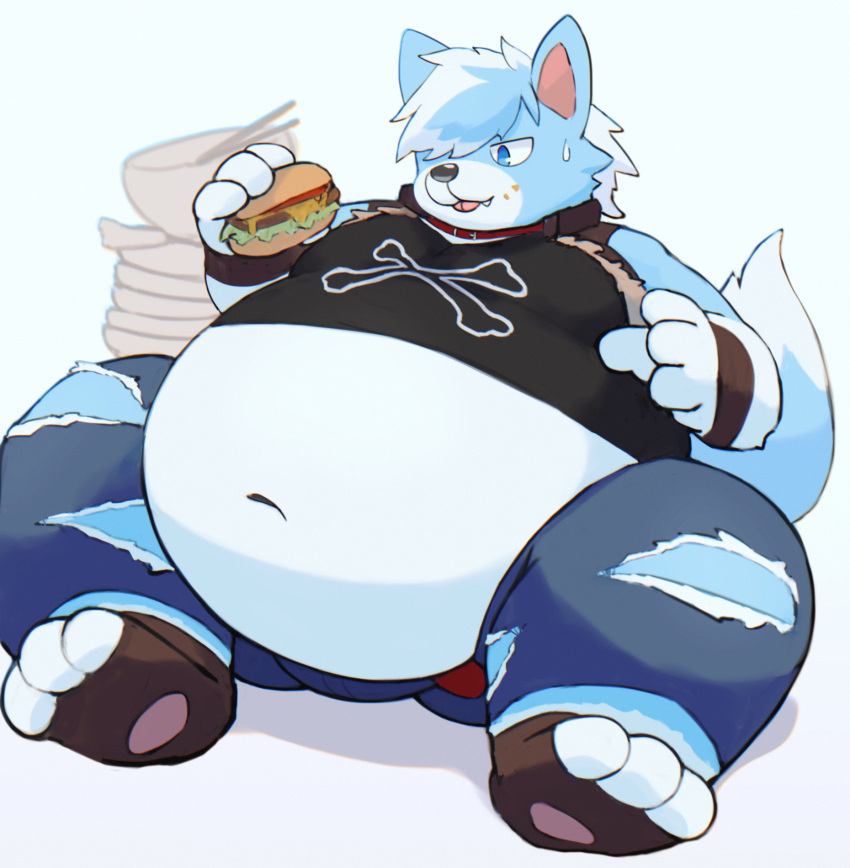 3_toes 4_fingers alpha_(tribal_hunter) anthro belly big_belly blue_body blue_eyes blue_fur bottomwear burger clothing collar denim denim_bottomwear denim_clothing eating feet fingers food fur hi_res huge_belly jeans male overweight overweight_anthro pants simple_background sitting solo taka_fin9623 thick_thighs tight_clothing toes torn_bottomwear torn_clothing torn_jeans torn_pants white_body white_fur