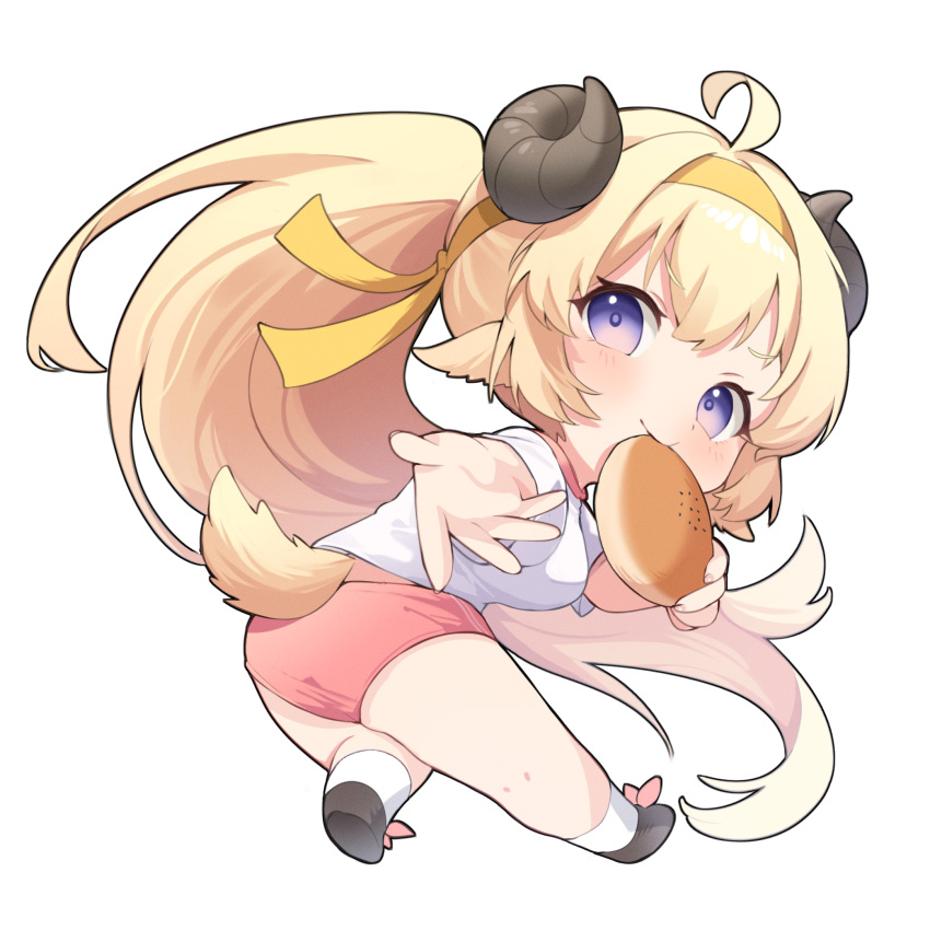 1girl ahoge alternate_costume alternate_hairstyle animal_ears beckoning blonde_hair blush bread_eating_race buruma chibi closed_mouth commentary curled_horns eat_some_cookie food gym_uniform headband highres holding holding_food hololive horns leaning_forward lifted_by_tail long_hair looking_at_viewer mouth_hold ponytail purple_eyes reaching reaching_towards_viewer red_buruma sheep_ears sheep_girl sheep_horns sheep_tail shirt simple_background smile socks solo t-shirt tail tsunomaki_watame very_long_hair virtual_youtuber white_background white_headband white_shirt white_socks